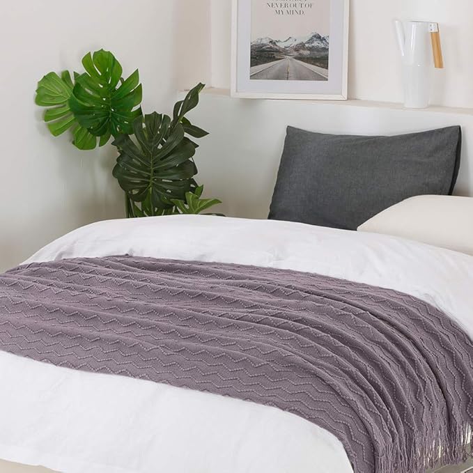 BOURINA Dark Lavender Throw Blanket 50 x90 Inches Textured Solid Soft Sofa Throw Bed Runner Knitted Decorative Blanket