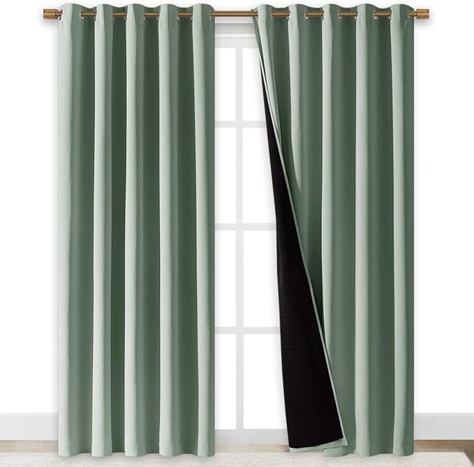 NICETOWN 100% Blackout Window Curtain Panels, Cold and Full Light Blocking Drapes with Black Liner for Nursery, 84" Drop Thermal Insulated Draperies (Greyish Green, 2 Pieces, 70" Wide Each Panel)