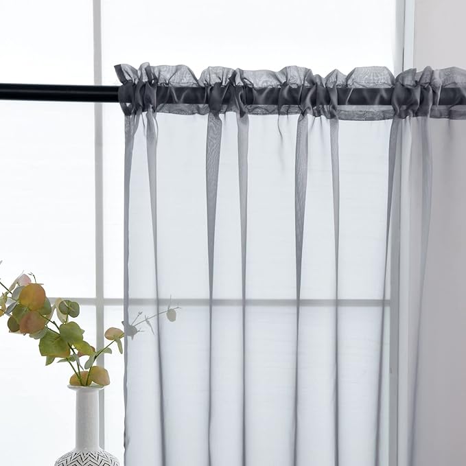 SpaceDresser Sheer Voile Window Treatment Rod Pocket Curtain Panels for Kitchen Bedroom Living Room Drapes Sunlight Filtering Privacy Semi Home Decor Assorted Colors Sizes (Grey, 52 W x 108 L)