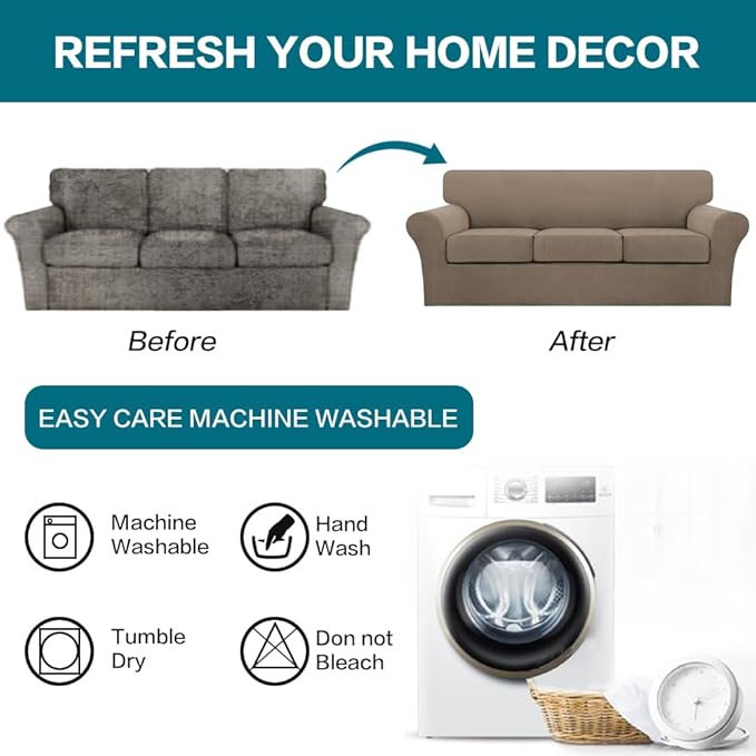 Turquoize 4 Piece Sofa Covers for 3 Cushion Couch Sofa Slipcover Soft Couch Cover for Dogs-Washable Sofa Furniture Covers with 3 Individual Large Cushion Covers (XL Sofa, Macchiato)