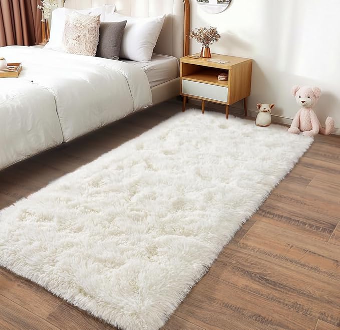 Pionblank Fluffy Runner Rugs for Bedroom 2x6, Modern Shaggy Area Rug for Hallway Living Room, Plush Soft Fuzzy Bedside Carpet for Kids Girls Boys Room Nursery Decor, Cream White