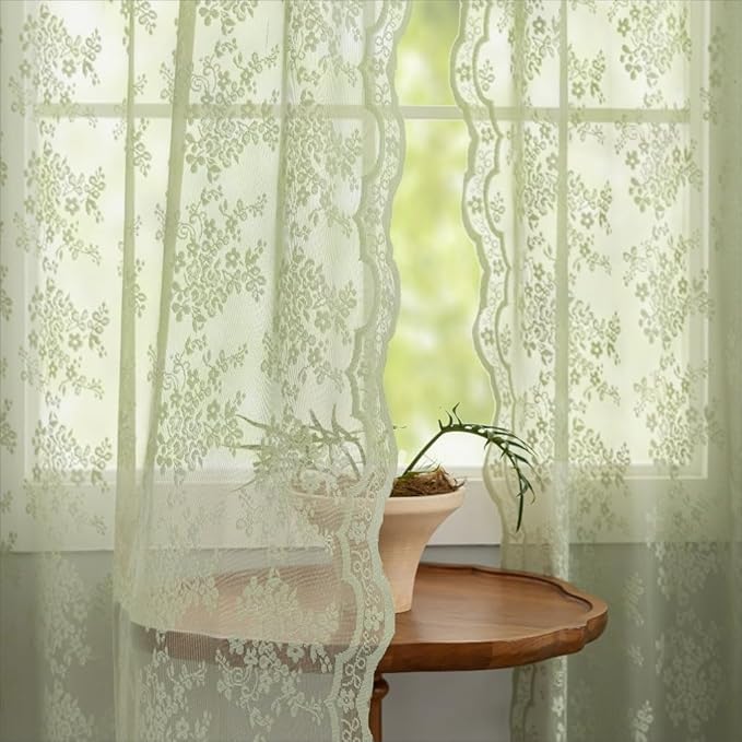 YJ YANJUN Vintage Lace Curtains 96 Inches Long- Victorian Floral Boho Green Sheer Curtain Panels for Living Room Closet Scalloped Drapes Floor Length Rod Pocket Privacy 1 Pair 52Wx96L Grey Green