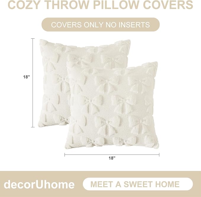 decorUhome Cream White Bow Pillow Covers Set of 2 Coquette Aesthetic Cute Preppy Plush Faux Pillowcases for Girly Bedroom or Couch 18x18 Inch