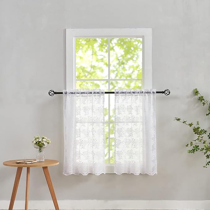 YJ YANJUN Vintage Lace Curtains 36 inch Length Country White Cafe Kitchen Sheer Short Curtain Panels for Bathroom - 2 Panels 26 x 36 Inch Light Filtering