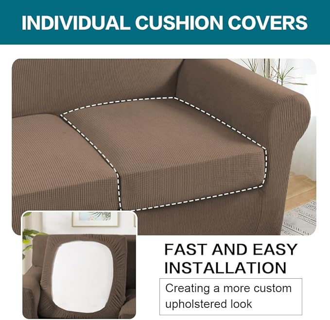 Turquoize 3 Piece Sofa Covers for 2 Cushion Couch Sofa Slipcover Soft Couch Cover for Dogs-Washable Sofa Furniture Cover with 2 Individual Cushion Covers, Thick Jacquard Fabric (Loveseat, Macchiato)