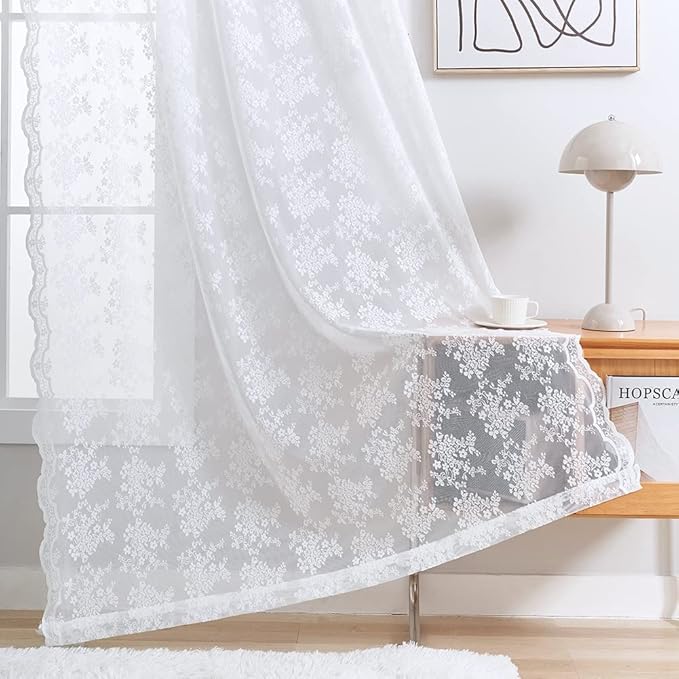YJ YANJUN Vintage Lace Curtains 72 Inches Long- Victorian Floral Pattern White Sheer Curtain Panels for Patio Door Living Room Bedroom,Light Filtering, French Country Drapes 2 Panels 52W x 72L