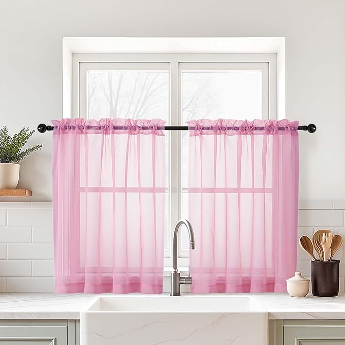 Light Pink Small Sheer Curtains Tier 24 Inches Length 2 Pieces, Light Filtering Cafe Curtains for Living Room Bathroom, Modern Window Treatments Dual Rod Pocket Panels, 2X42Wx24L Inches