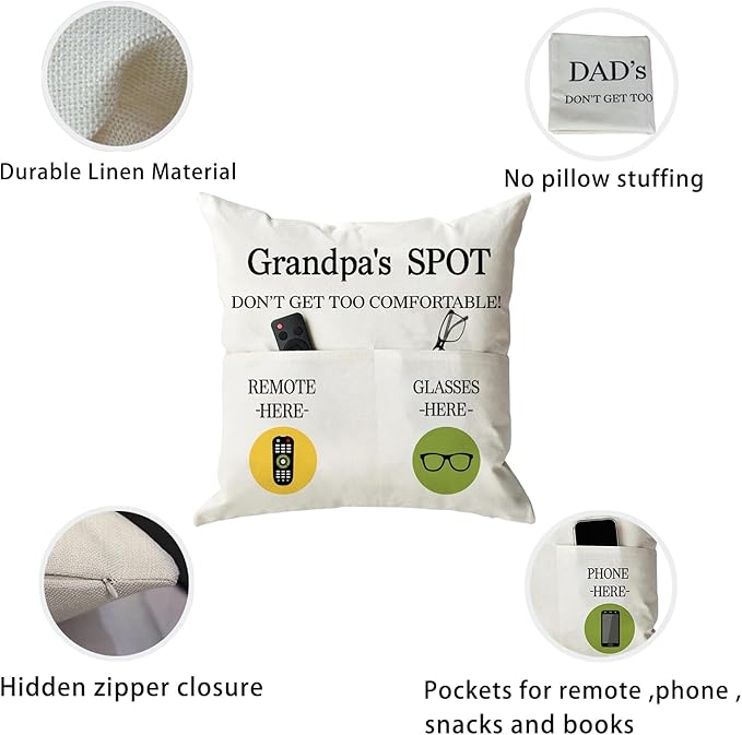 ONFAON Grandpa Gifts,Grandpa's Spot Throw Pillow Covers 18x18 Inch for Bed Sofa Couch,Birthday Christmas Thanksgiving Day Gifts for Grandpa Stepdad,2-Pocket