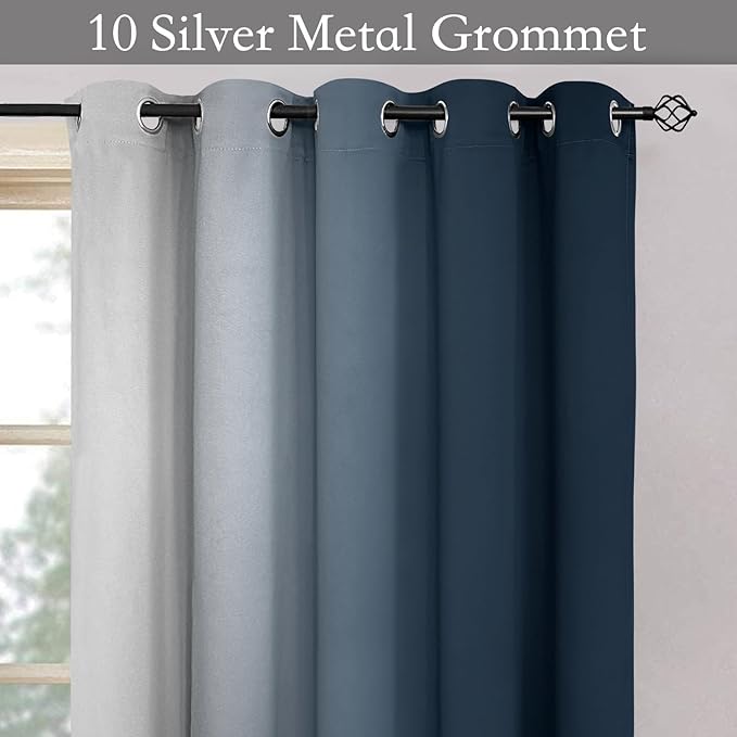 SimpleHome Ombre Room Darkening Curtains for Bedroom, Gradient Navy Blue to Grey White Light Blocking Thermal Insulated Grommet Window Curtain/Drapes for Living Room,2 Panels, 70x84 inches Length