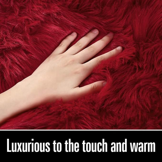 LOCHAS Soft Fluffy Faux Fur Rugs for Bedroom Bedside Rug 3x5 Feet, Washable, Furry Sheepskin Area Rug for Living Room Girls Room, Luxury Shag Carpet Home Decor, Red