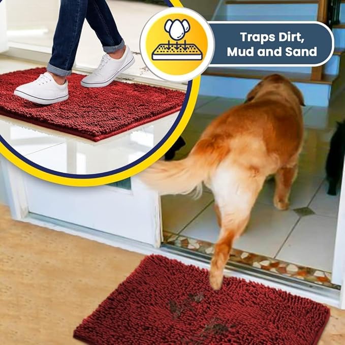 Muddy Mat® | Super Absorbent Door Mat Indoor, Microfiber Quick Dry Chenille Entryway Rug, Non-Slip Front Door Mat, Indoor Mats for Entryway, Machine Washable Pet Rug, Red 35"x24"