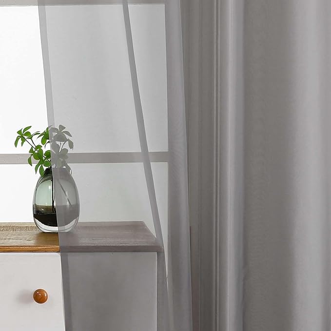 Grey Small Sheer Curtains 2 Panels, Kitchen Curtains 36 Inch Length, Elegant Light Filtering Short Window Drapes for Living Room Bedroom, Dual Rod Pocket, Charcoal Grey, 2x42Wx36L Inches