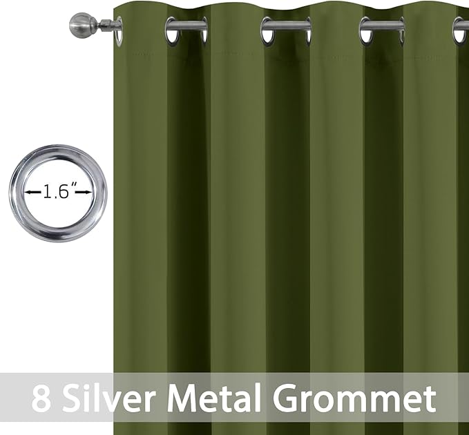 Yakamok Olive Green Blackout Curtains-Room Darkening Green Thermal Insulated Grommet Set of 2 Drapes for Bedroom Living Room, 52W x 72L,2 Panels