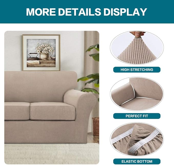 Turquoize 4 Piece Sofa Covers for 3 Cushion Couch Sofa Slipcover Soft Couch Cover for Dogs-Washable Sofa Furniture Covers with 3 Individual Large Cushion Covers, Feature Thick Fabric (XL Sofa, Sand)