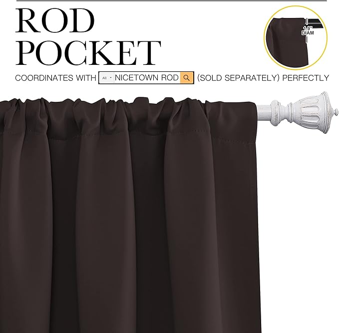 NICETOWN Blackout Curtain Panels 72 inches - Energy Saving Thermal Insulated Solid Rod Pocket Blackout Curtains for Bedroom (1 Pair, 52 inches by 72 Inch, Toffee Brown)