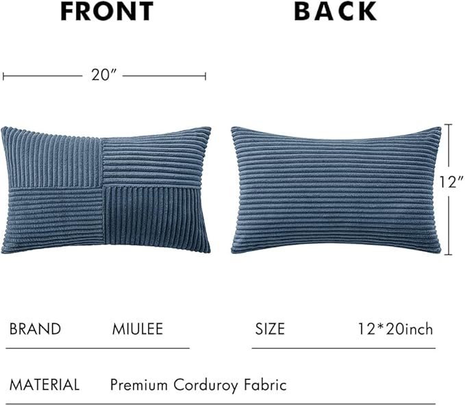 MIULEE Blue Decorative Lumbar Throw Pillow Covers 12x20 Inch for Couch Bed Sofa Pack of 2 Boho Farmhouse Throw Pillows Soft Cross Corduroy Patchwork Textured Cushion Cases