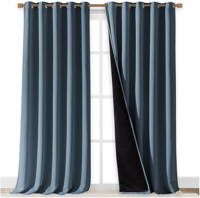 NICETOWN Full Shading Curtains for Windows, Smoky Blue, Pack of 2, 62 inches W x 95 inches L, Super Heavy-Duty Black Lined Blackout Curtains for Bedroom, Privacy Assured Window Treatment