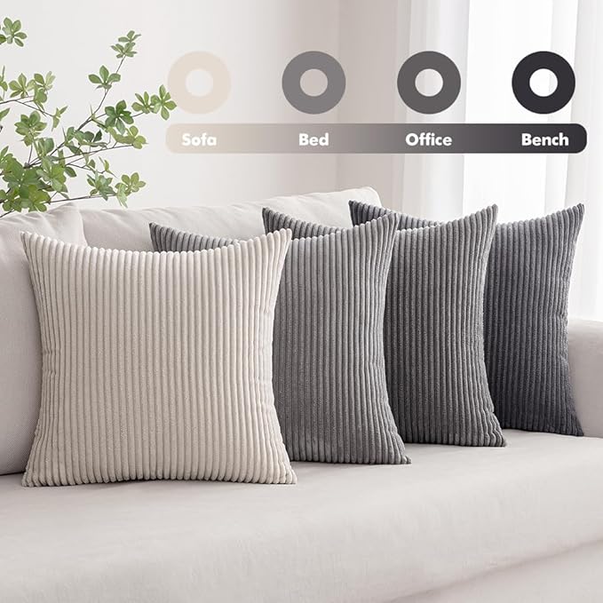 MIULEE Pack of 4 Neutral Grey Gradient Decorative Throw Pillow Covers 20x20 Inch Soft Boho Striped Corduroy Pillow Covers Modern Farmhouse Home Decor for Sofa Living Room Couch Bed