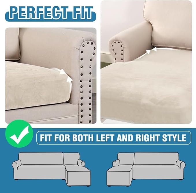 H.VERSAILTEX Velvet Stretch Sectional Couch Covers 4 Pieces Sofa Seat Cushion Covers L Shape Separate Couch Cover for Both Left/Right Sectional Couch (Large Sofa 3 Seater + 1 Chaise, Cream)