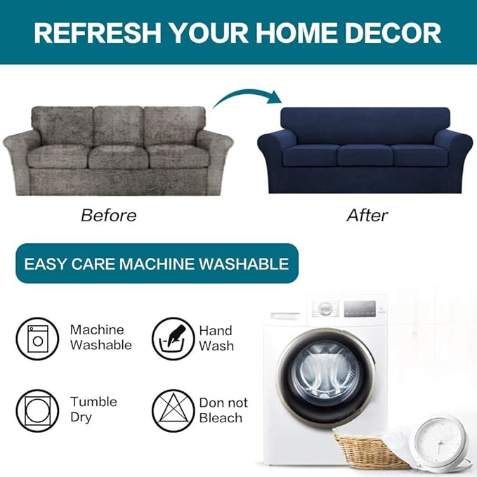 Turquoize 4 Piece Sofa Covers for 3 Cushion Couch Sofa Slipcover Soft Couch Cover for Dogs-Washable Sofa Furniture Covers with 3 Individual Large Cushion Covers, Feature Thick Fabric (XL Sofa, Navy)