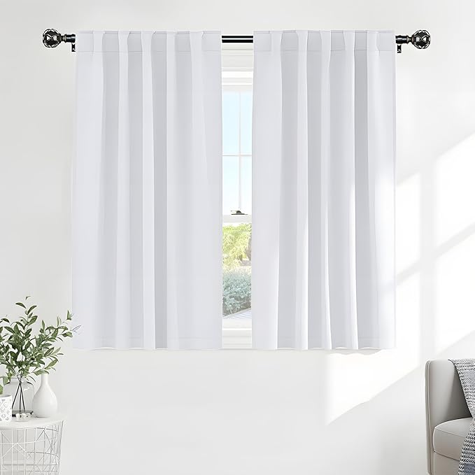 Pony Dance Room Darkening Curtains - Bedroom Window Treatment Panels Back Tab/Rod Pocket Short Blackout Curtains Light Filtering Elegant Home Decoration, 42 by 40 Inches, Pure White, 1 Pair