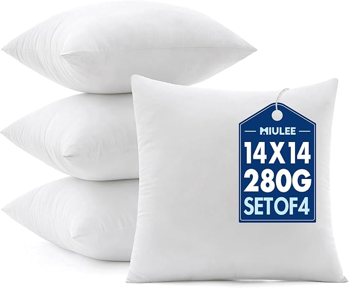 MIULEE Pillows Inserts, Pack of 4 14x14 Inch 100% Virgin Microfiber Filling Throw Pillows for Bed Couch Sofa
