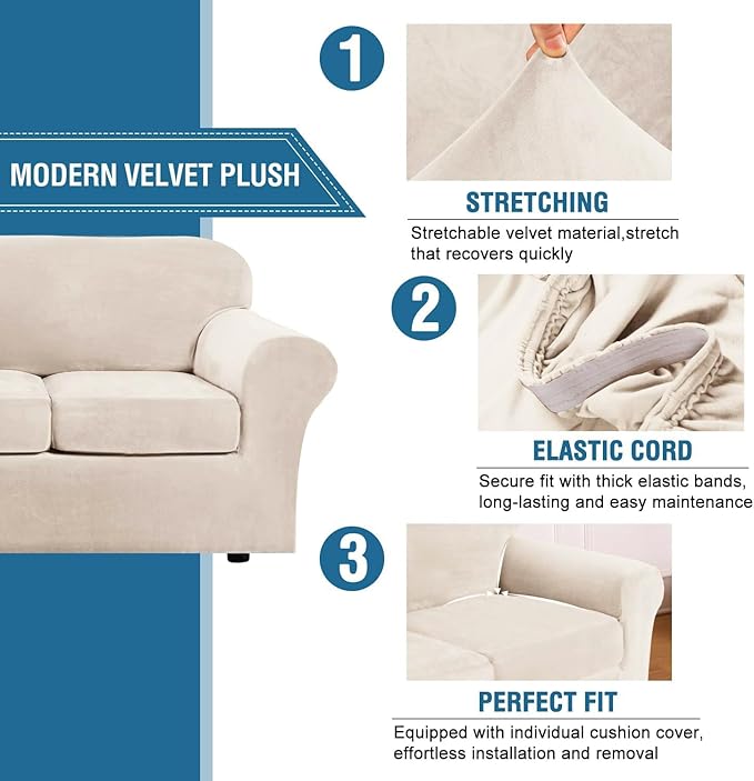 H.VERSAILTEX Rich Velvet Stretch 2 Piece Cover Chair Slipcover Sofa Cover Furniture Protector Couch Soft with Elastic Bottom Couch Cover Width Up to 49 Inch 85% Polyester 15% Spandex (Chair, Cream)