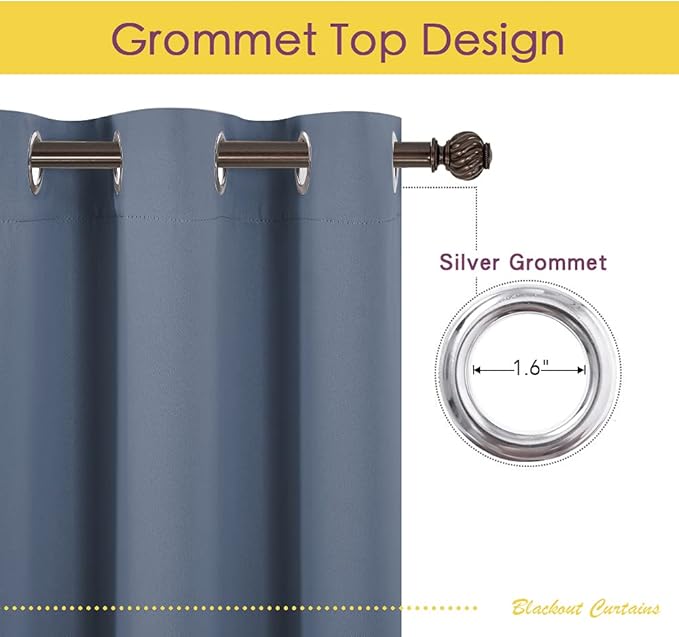 NICETOWN Blackout Draperies Curtains for Kids Room, Window Treatment Thermal Insulated Solid Grommet Blackout Drape Panels for Bedroom (Stone Blue, Set of 2, 70 by 72 inches)