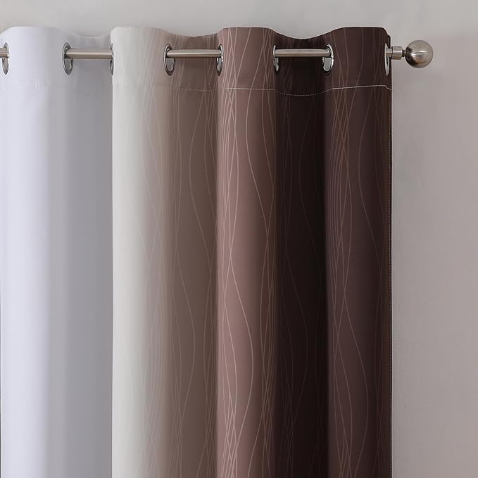 Estelar Textiler Brown and Greyish White Gradient Blackout Curtains for Bedroom, Thermal Insulated Ombre Blackout Drapes, Full Light Blocking Energy Saving Curtains for Living Room,52Wx96L,2 Panels