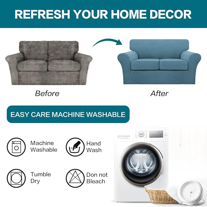 Turquoize 3 Piece Sofa Covers for 2 Cushion Couch Sofa Slipcover Soft Couch Cover for Dogs-Washable Sofa Furniture Covers with 2 Individual Cushion Covers (2 Cushion Sofa, Storm Blue)
