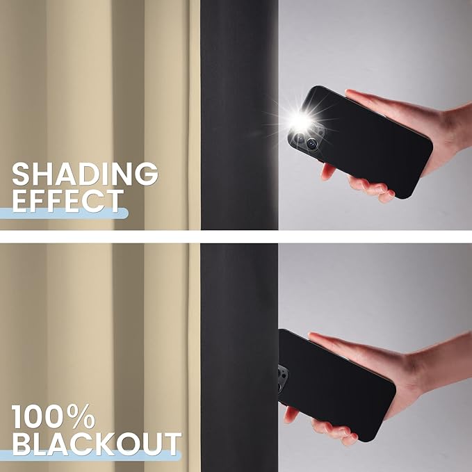 SimpleHome 100% Blackout Curtains for Bedroom,Thermal Insulated Beige Grommet Window Drapes Room Darkening Curtains for Living Room with Black Back,62 x 63 Inch,2 Panels