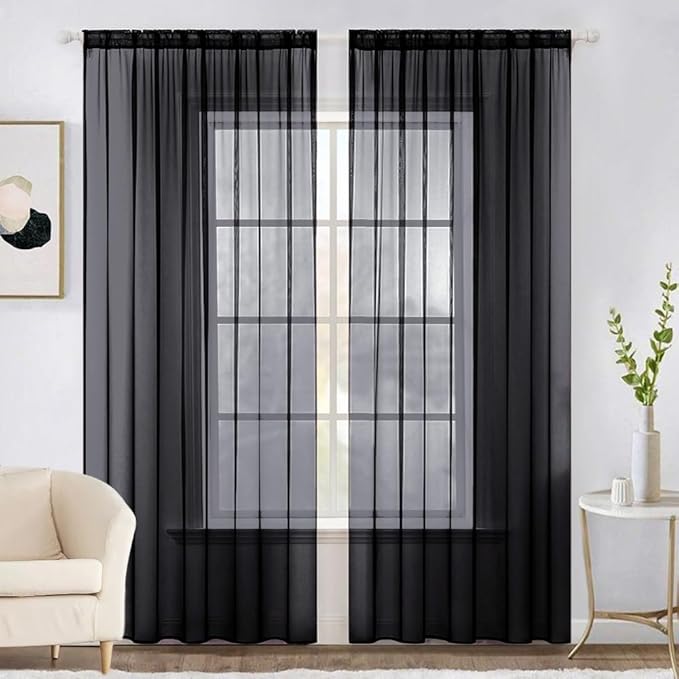 MIULEE 2 Panels Solid Color Sheer Window Curtains Elegant Halloween Window Voile Panels/Drapes/Treatment for Bedroom Living Room (54X96 Inches Black)