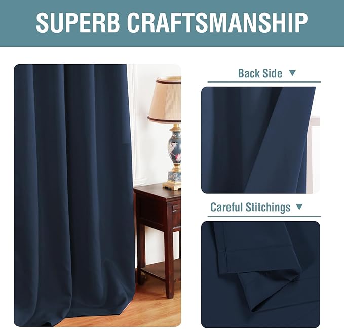 H.VERSAILTEX Thermal Insulated Blackout Curtains for Bedroom 63 Inches Long Grommet Window Treatment Panel for Living Room Energy Efficient Curtains - Solid in Navy Blue - One Panel, 52" W x 63" L