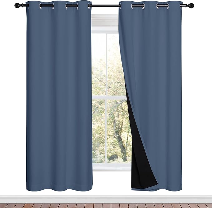 NICETOWN 100% Blackout Curtains Thermal, Stone Blue, 1 Pair, W37 x L70, Noise Reduction and Privacy Curtains for Patio Door, Black Lined Blackout Drapes with Grommet Top