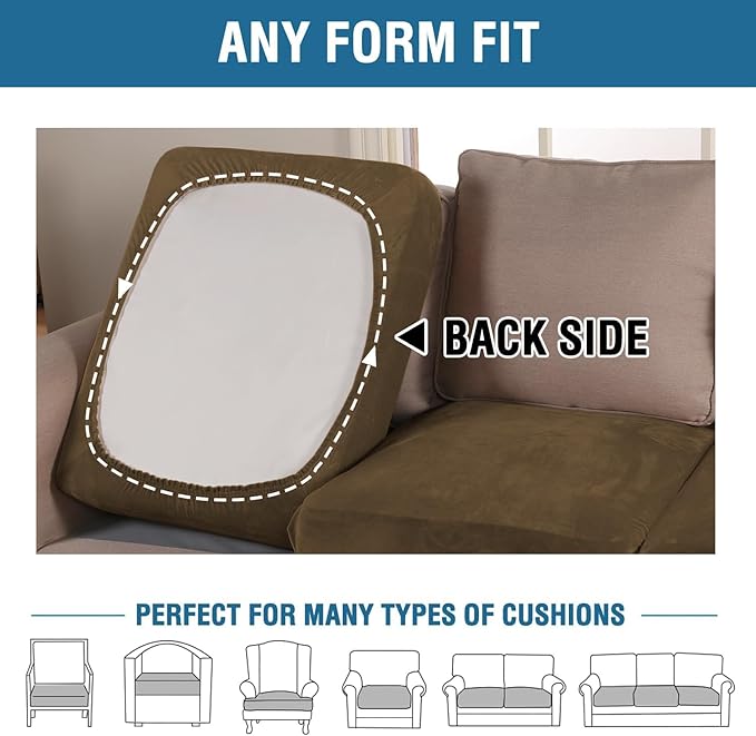 H.VERSAILTEX Velvet Stretch Couch Cushion Cover Plush Cushion Slipcover for Chair Loveseat Sofa Cushion Furniture Protector Seat Cushion Sofa Cover (3 Piece Sofa Cushion Covers, Bronze Brown)