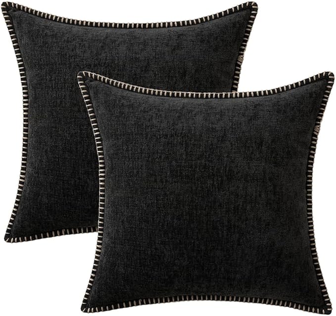 MIULEE Pack of 2 Couch Throw Pillow Covers 18x18 Inch Black Farmhouse Decorative Pillow Covers with Stitched Edge Soft Chenille Solid Dyed Spring Pillow Covers for Sofa Bed Living Room