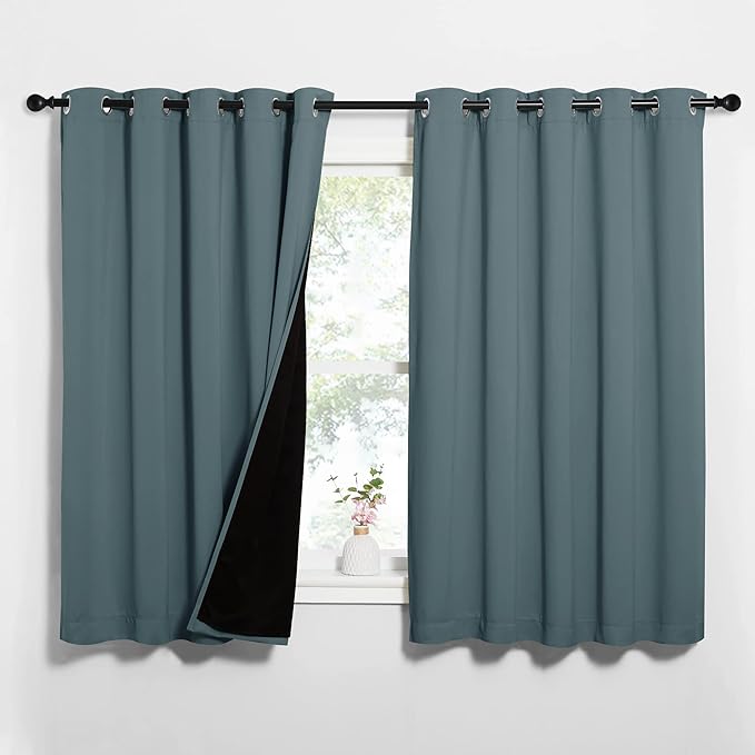 NICETOWN Greyish Green 100% Blackout Lined Curtains, 2 Thick Layers Completely Blackout Window Treatment Thermal Insulated Drapes for Kitchen/Bedroom (1 Pair, 62" Width x 63" Length per Panel)