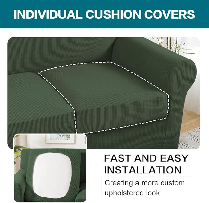 Turquoize 4 Piece Sofa Covers for 3 Cushion Couch Sofa Slipcover Soft Couch Cover for Dogs Washable Furniture Cover with 3 Individual Large Cushion Covers Feature Fabric (Large Sofa, Bronze Green)