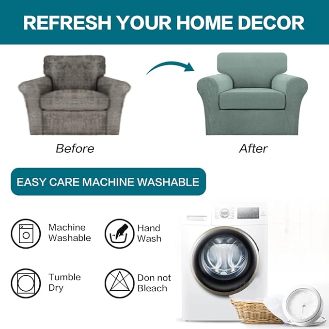 Turquoize 2 Piece Chair Covers Chair Slipcovers for Living Room Armchair Couch Cover Chair Sofa Cover with Individual Cushion Covers Furniture Cover for Chairs Feature Thick Fabric (Chair, Dark Cyan)