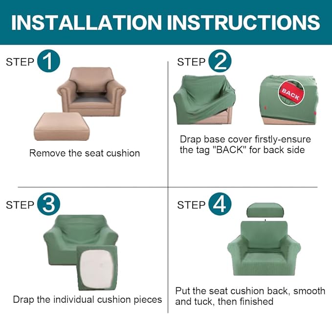 Turquoize 2 Piece Chair Covers Armchair Slipcovers for Living Room Armchair Sofa Cover with Individual Cushion Covers Feature Jacquard Fabric (Chair, Loden Frost)