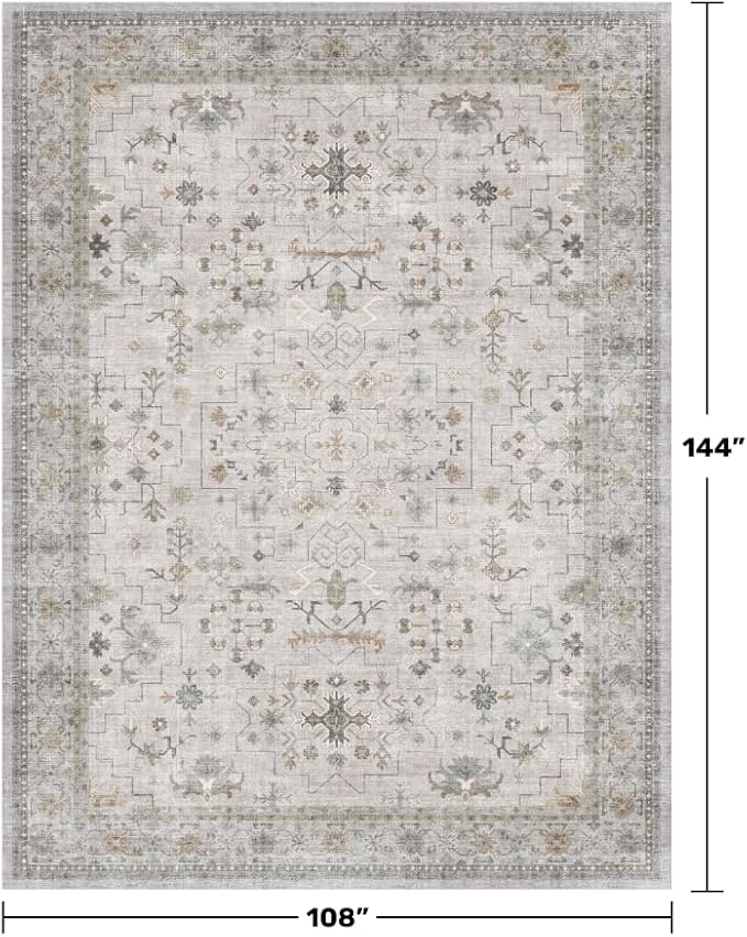 Hazo Haus Boho Light Grey Living Room Rug 9x12 - Modern Vintage Eclectic Floral Pastel Neutral Taupe, Washable Low Pile Non-Slip Extra Large Area Rugs for Dining Under Table Bedroom
