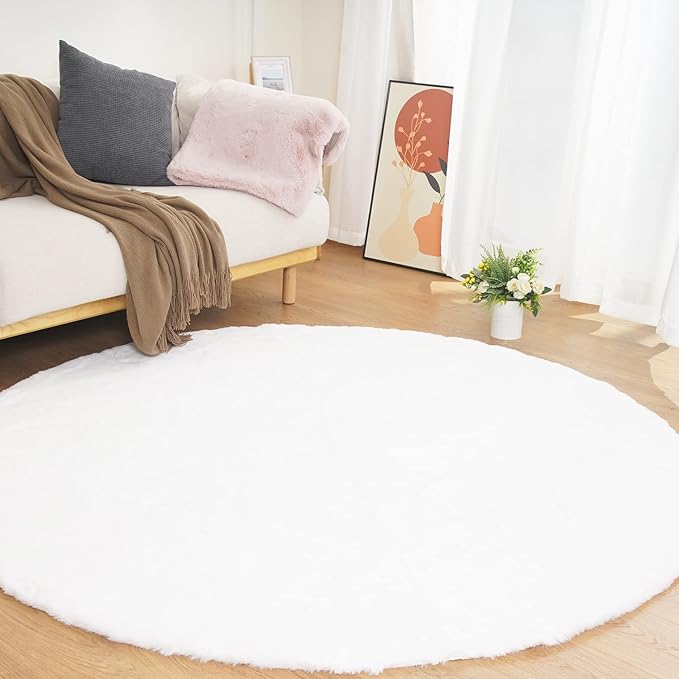 Ghouse Faux Rabbit Fur Round Rug 8ft White Round Rugs for Bedroom Decor Fluffy Area Rugs for Living Room, no-Shedding Carpet Sheepskin Washable Rug Rome Decor