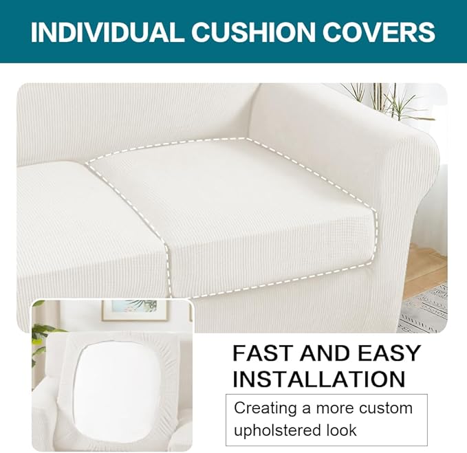 Turquoize 4 Piece Sofa Covers for 3 Cushion Couch Sofa Slipcover Soft Couch Cover for Dogs-Washable Sofa Furniture Covers with 3 Individual Large Cushion Covers (XL Sofa, Porcelain)