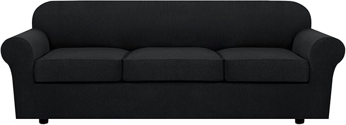 H.VERSAILTEX 4 Piece Stretch Sofa Covers for 3 Cushion Couch Covers for Living Room Furniture Slipcovers (Base Cover Plus 3 Seat Cushion Covers) Upgraded Thicker Jacquard Fabric (XL Sofa, Black)