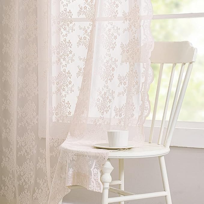 YJ YANJUN Vintage Lace Curtains 63 Inch Length 2 Panels Set Cute Floral Designs Dusty Pink Sheer Curtain Panels for Girls Bedroom with Wavy Edge Rod Pocket, 52 x 63 Inch, Blush Pink
