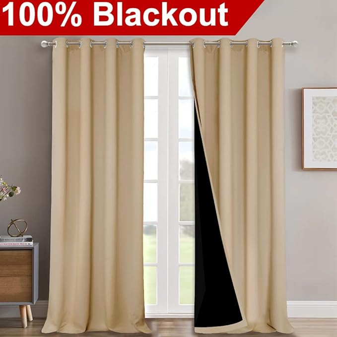 NICETOWN 100% Blackout Blinds, Set of 2, 46" x 96", Biscotti Beige, Laundry Room Decor Window Treatment Curtains for Large Patio Sliding Door, Thermal Insulated Curtains for Bedroom