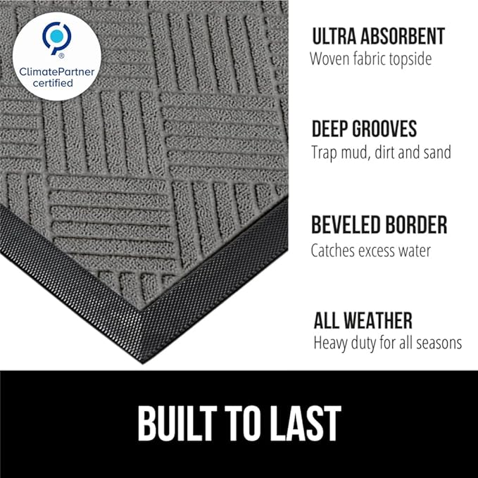 GORILLA GRIP 100% Waterproof All-Season WeatherMAX Doormat, 72x24, US Designed Natural Rubber, Stain and Fade Resistant, Low Profile Indoor Outdoor Door Mats, Easy Clean Patio Mat, Gray Diamond