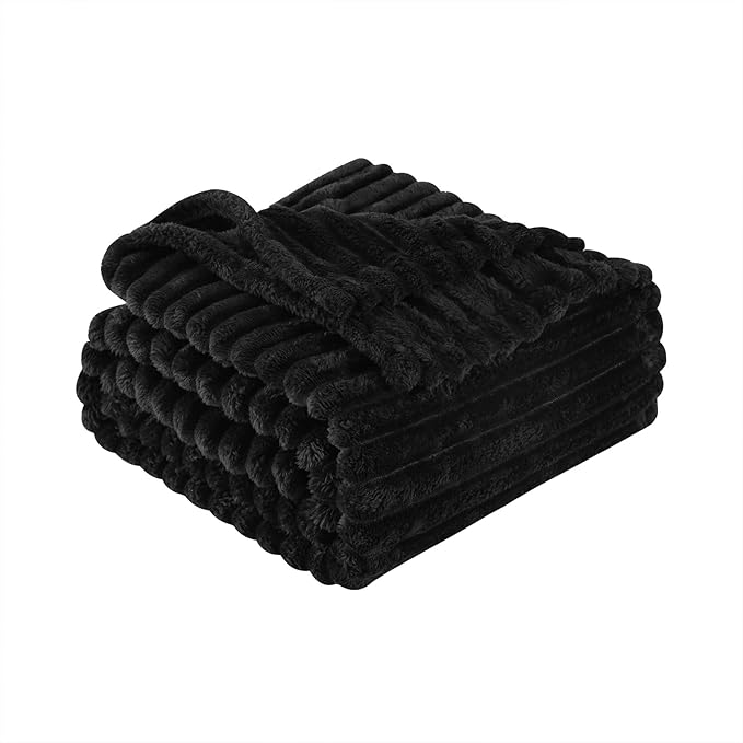 Black Fleece Throw Blanket 108”×90” for Couch Sofa Bed,Super Soft Cozy Plush Microfiber Flannel Blanket with Stripes Design Lightweight for Adults,Woman,Girls