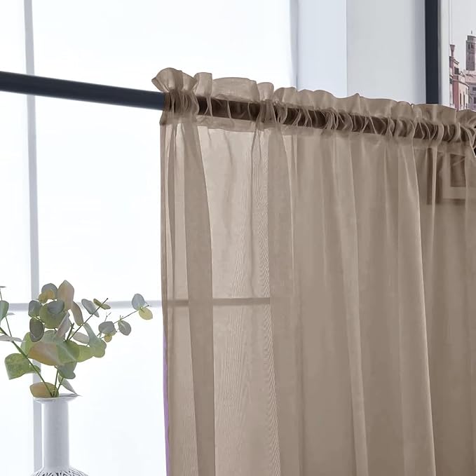 SpaceDresser Basic Rod Pocket Sheer Voile Window Curtain Panels Taupe 1 Pair 2 Panels 52 Width 72 Inch Long for Kitchen Bedroom Children Living Room Yard（Taupe, 52W x 72L）