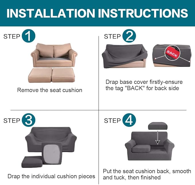 Turquoize 3 Piece Sofa Covers for 2 Cushion Couch Sofa Slipcover Soft Couch Cover for Dogs-Washable Sofa Furniture Covers with 2 Individual Cushion Covers, Feature Thick Fabric (2 Cushion Sofa, Gray)